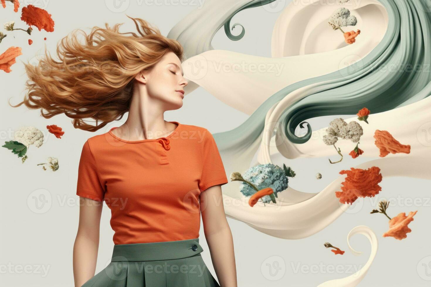 AI Generated A woman in an orange shirt and green skirt, AI photo