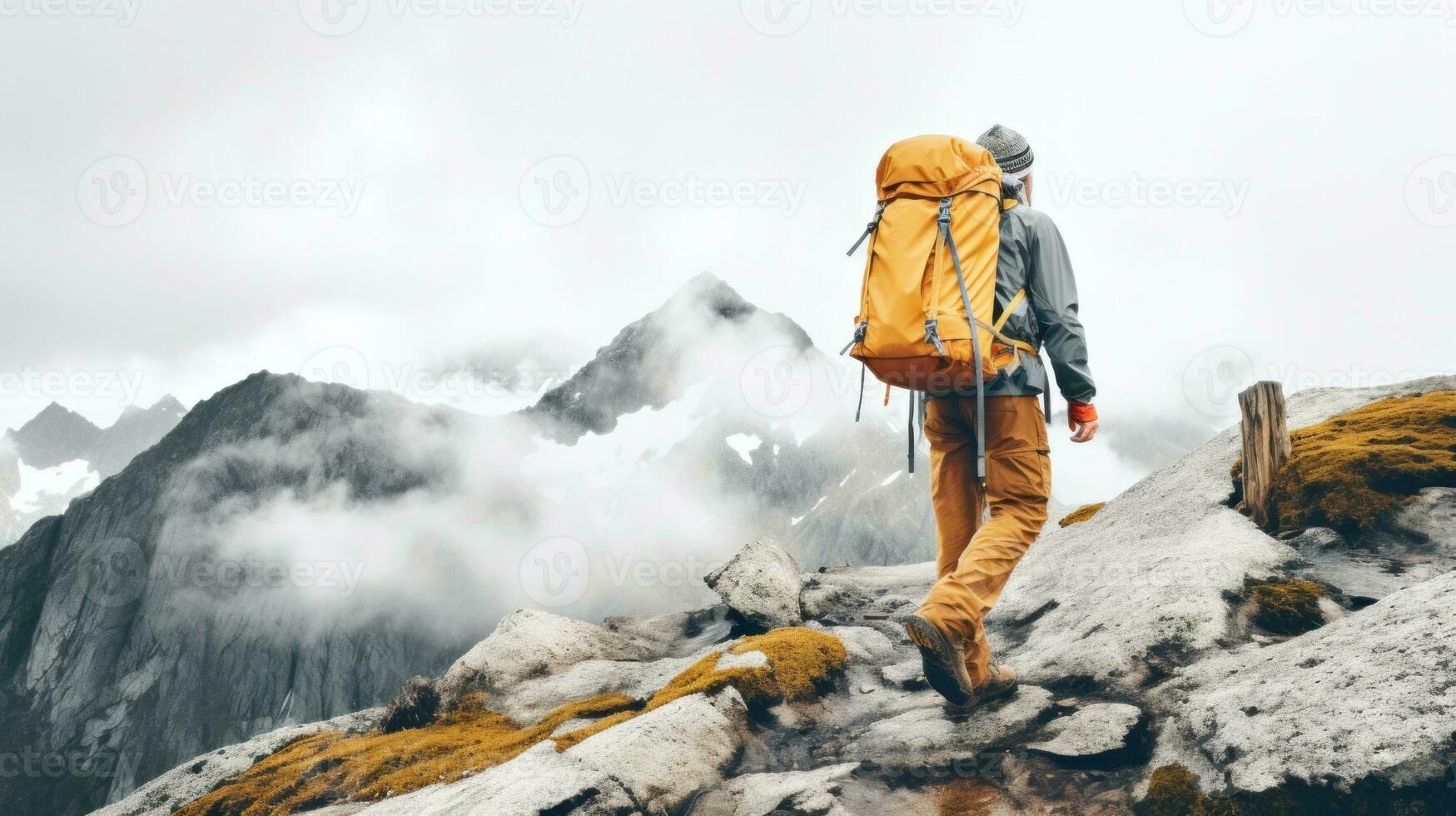 AI Generated A person with a backpack standing on top of a mountain, AI photo