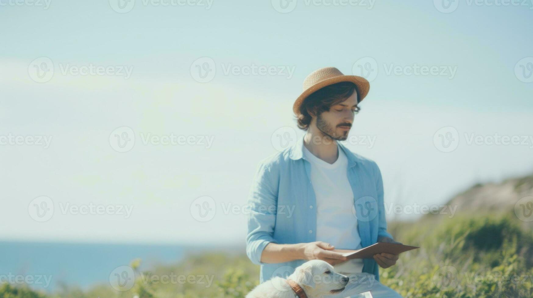 AI Generated A man sitting on a rock with a dog, AI photo