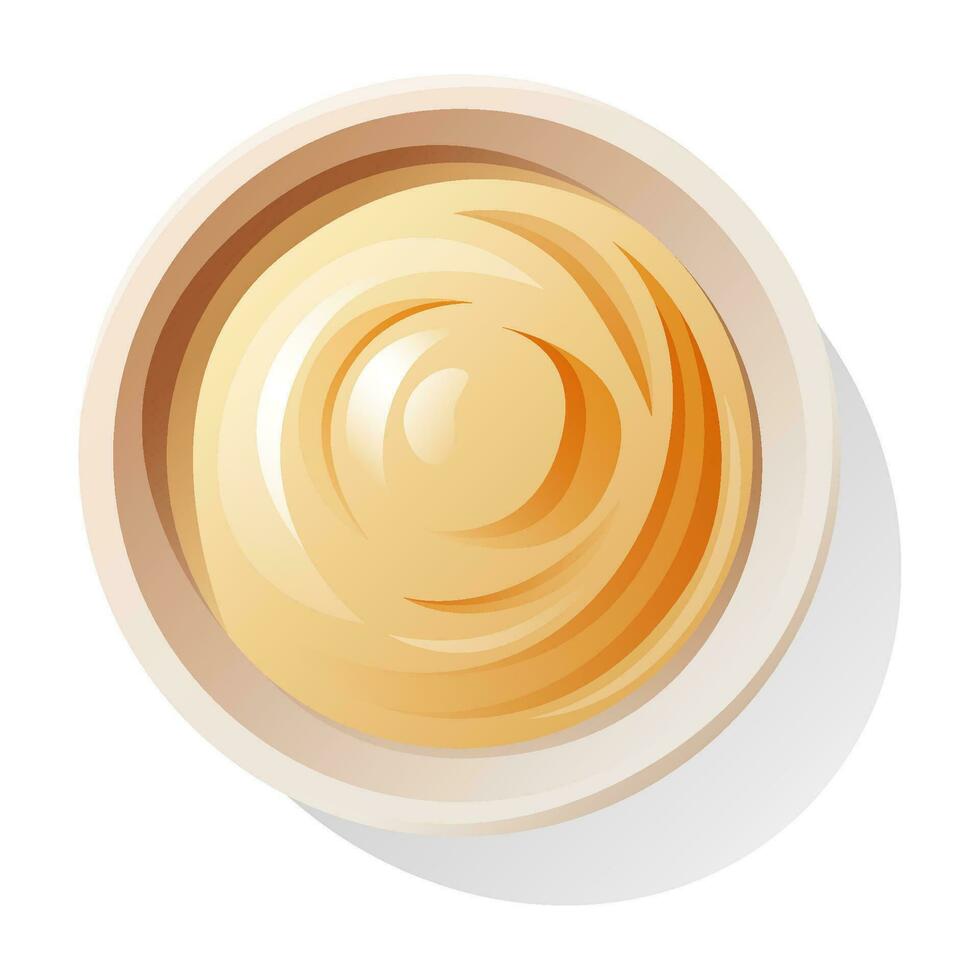 Mayonnaise or cheese sauce in a round bowl, top view. vector