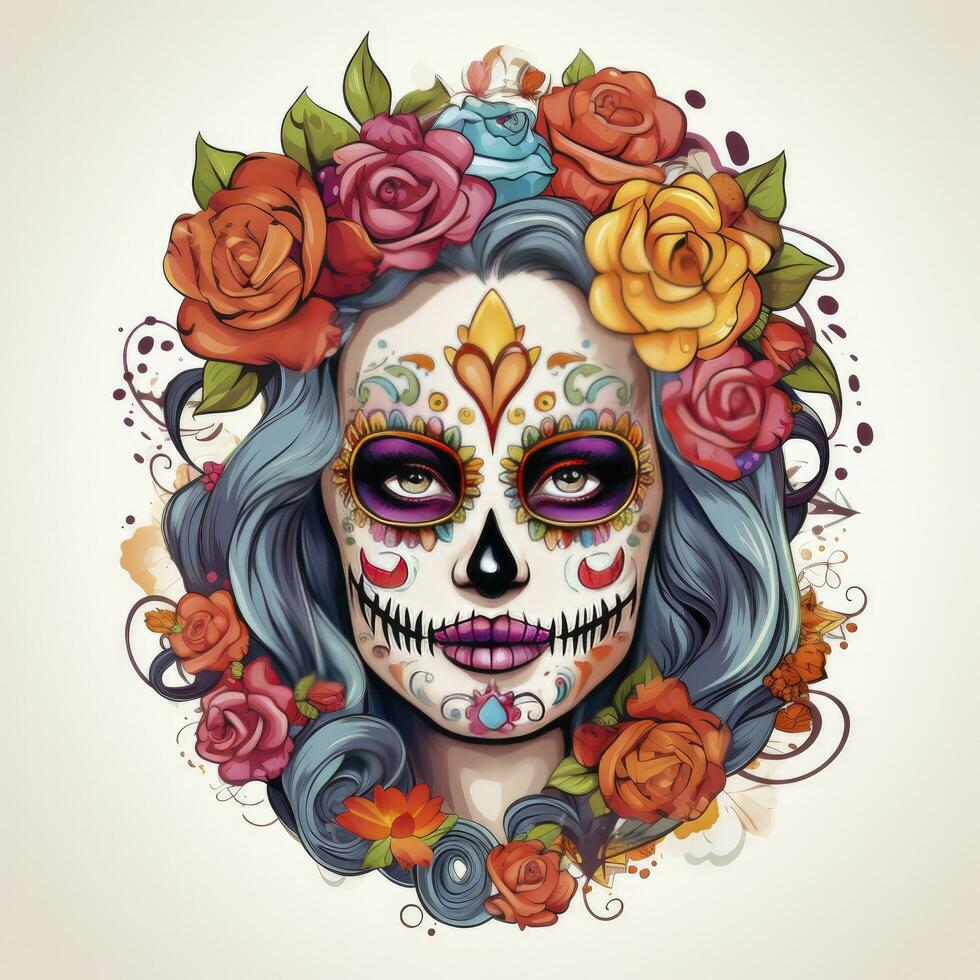 AI generated Woman sugar skull with beautiful colored flowers on white background. AI Generated photo