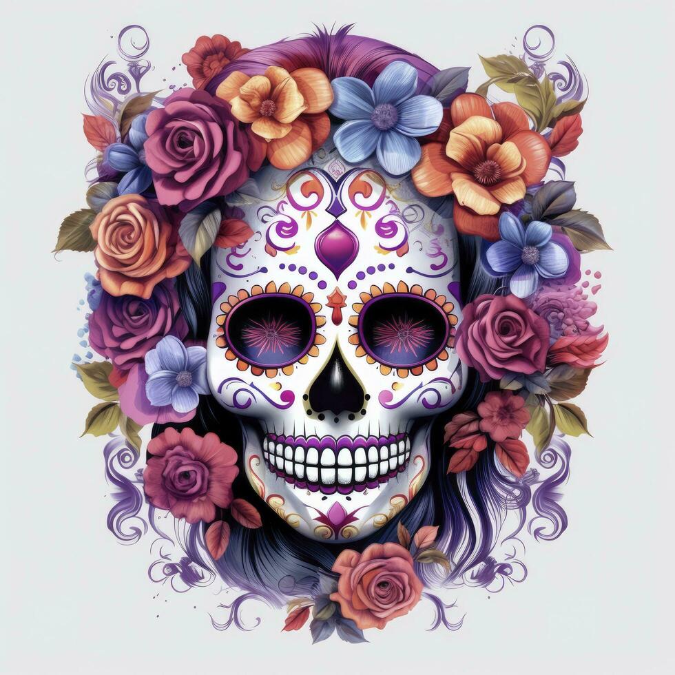AI generated Woman sugar skull with beautiful colored flowers on white background. AI Generated photo