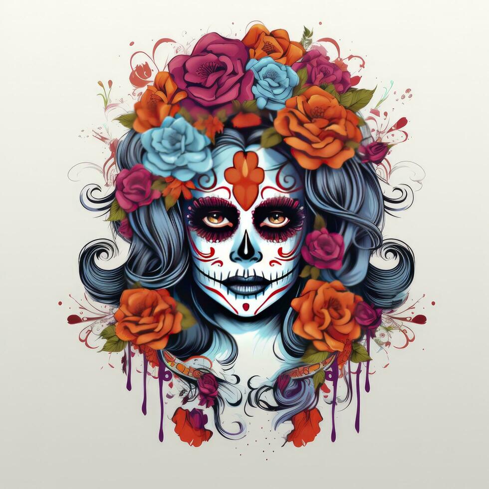 AI generated Woman sugar skull with beautiful colored flowers on white background. AI Generated photo