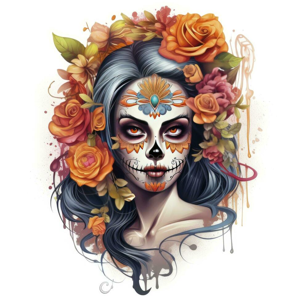 AI generated Woman sugar skull with beautiful colored flowers on white background. AI Generated photo