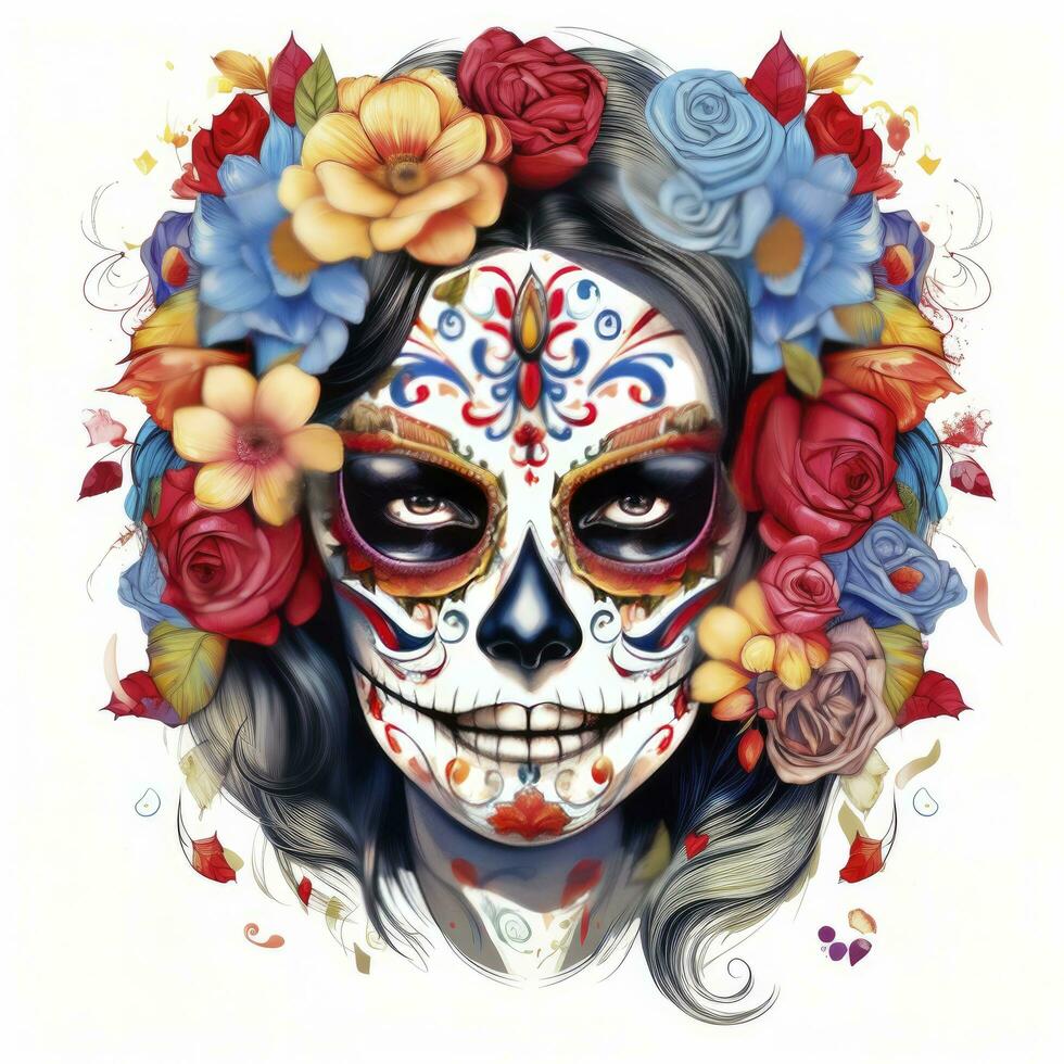 AI generated Woman sugar skull with beautiful colored flowers on white background. AI Generated photo