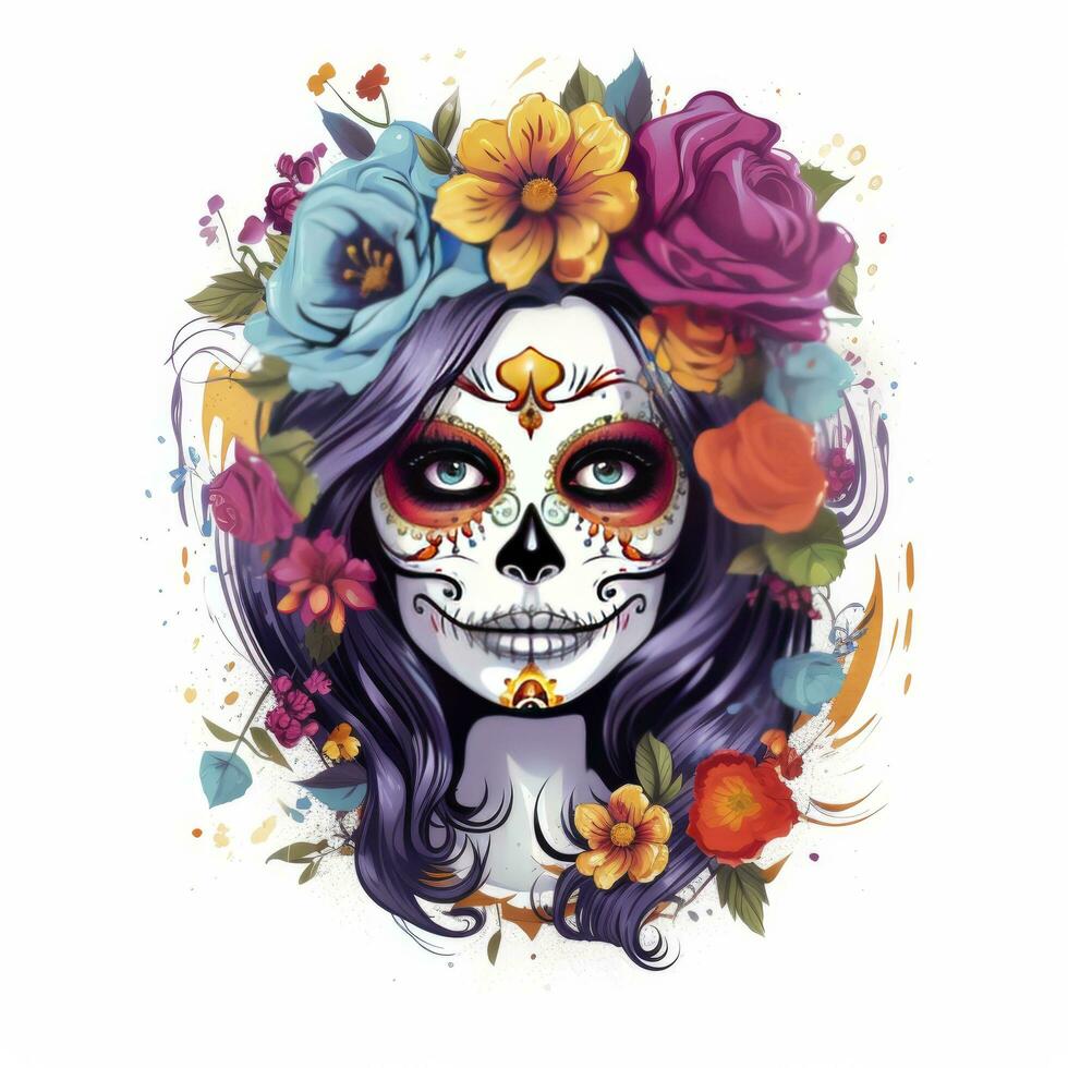 AI generated Woman sugar skull with beautiful colored flowers on white background. AI Generated photo
