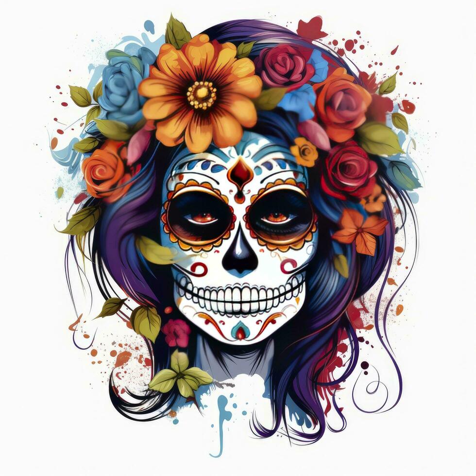 AI generated Woman sugar skull with beautiful colored flowers on white background. AI Generated photo