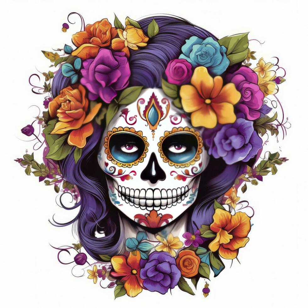 AI generated Woman sugar skull with beautiful colored flowers on white background. AI Generated photo