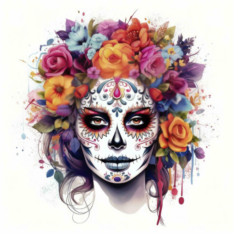 AI generated Woman sugar skull with beautiful colored flowers on white background. AI Generated photo