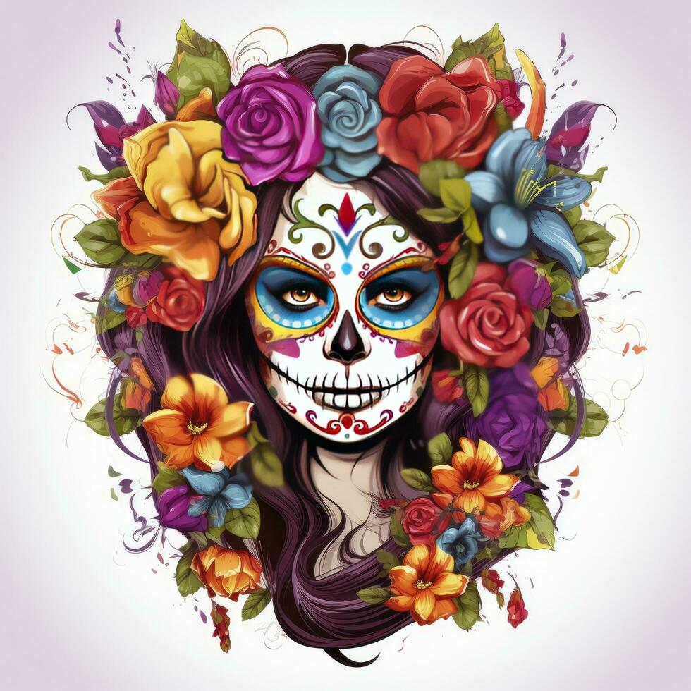 AI generated Woman sugar skull with beautiful colored flowers on white background. AI Generated photo