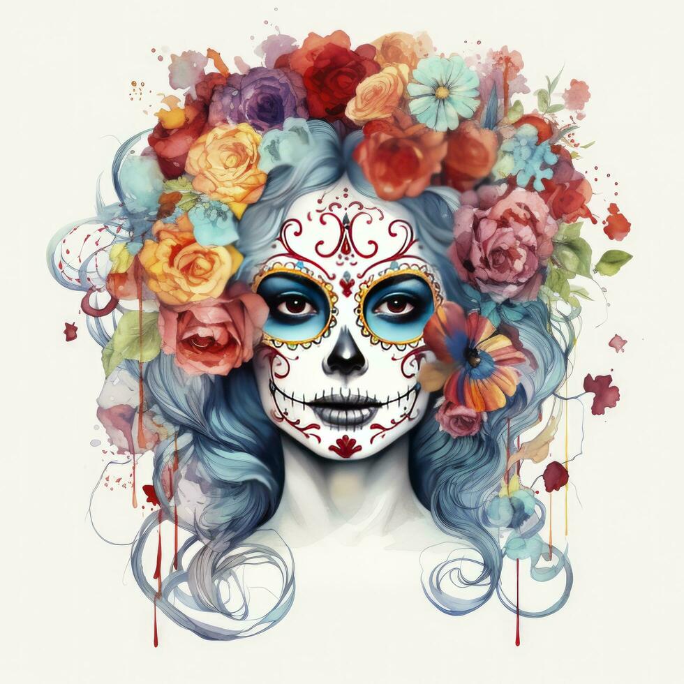 AI generated Woman sugar skull with beautiful colored flowers on white background. AI Generated photo