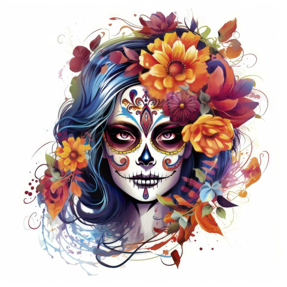 AI generated Woman sugar skull with beautiful colored flowers on white background. AI Generated photo