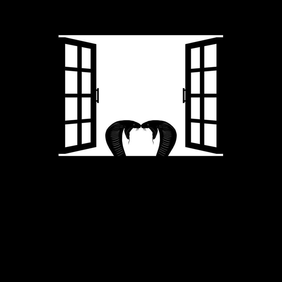 Head of the King Cobra Snake on the Windows Silhouette. Creepy, Horror, Scary, Mystery, or Crime Illustration. Art Illustration for Horror Movie or Halloween Poster Design Element vector