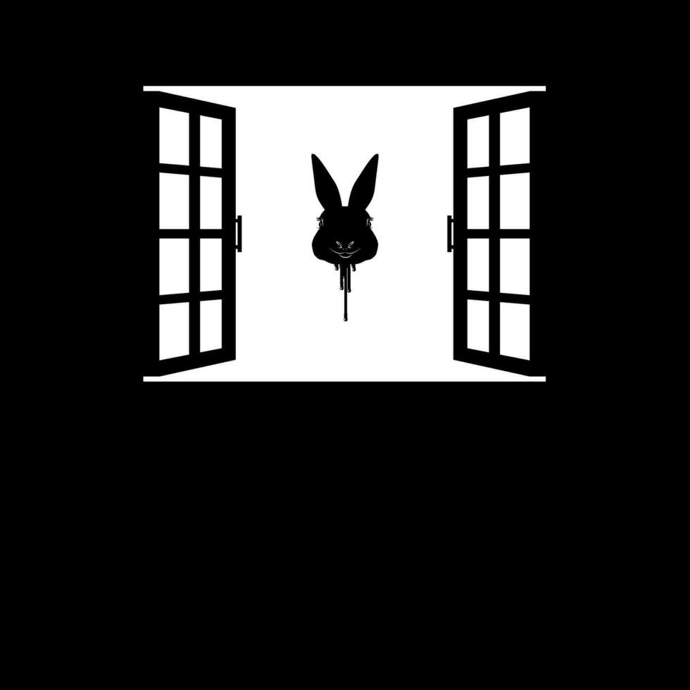 Flying Bloody Rabbit Head on the Window Silhouette, Dramatic, Creepy, Horror, Scary, Mystery, or Spooky Illustration. Art Illustration for Horror Movie Film or Halloween Poster Element. Vector