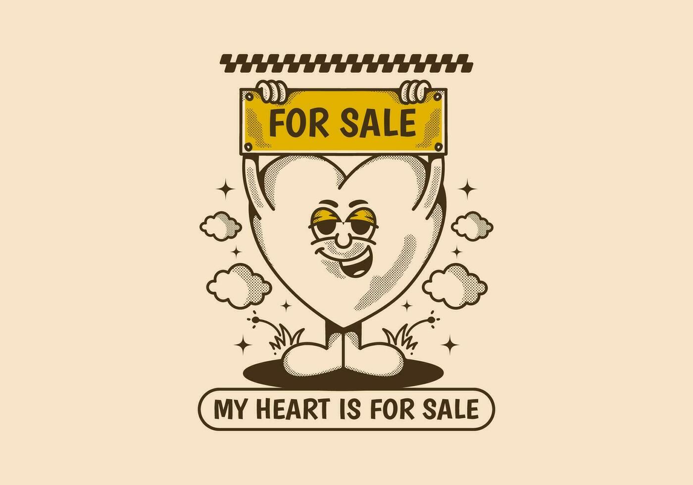 mi corazón es para venta. mascota personaje de un corazón participación un tablero con para rebaja texto vector