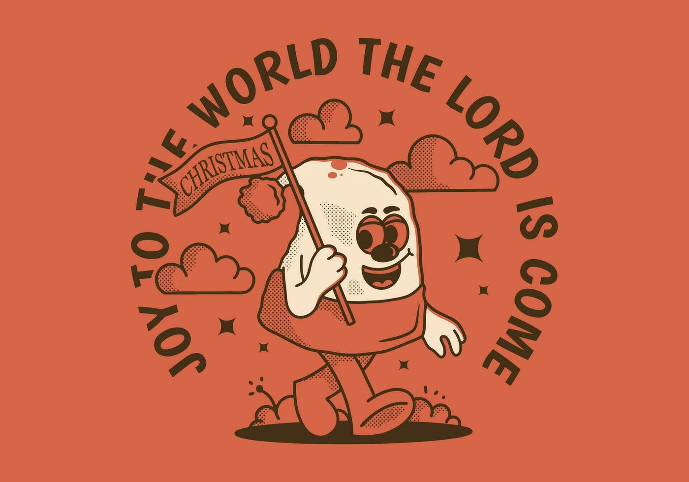Joy to the world the Lord is come. Character illustration of walking Christmas hat vector