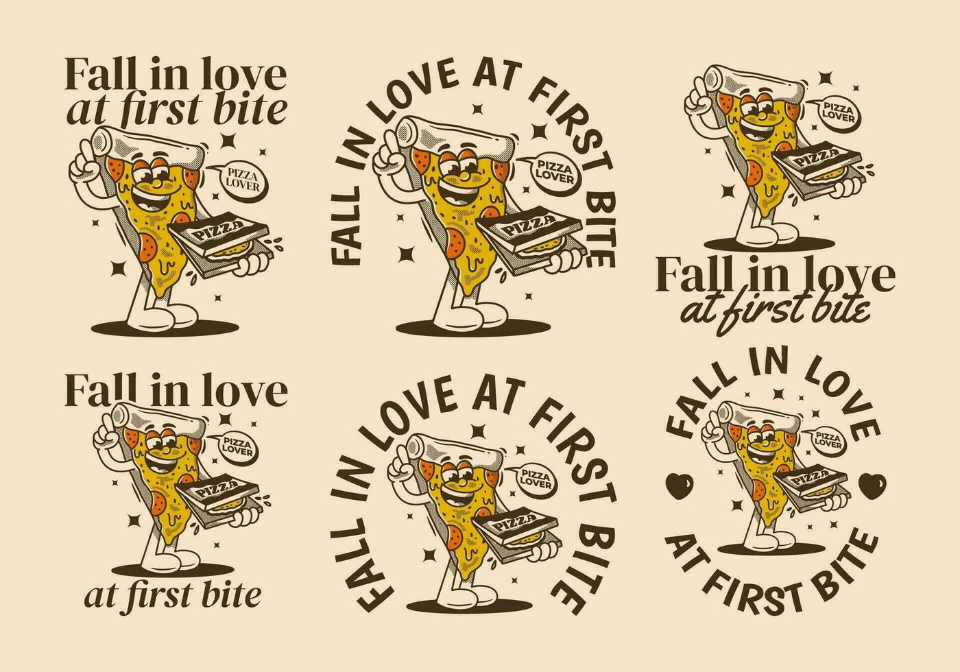 Fall in love at first bite. Character of pizza holding a box pizza vector