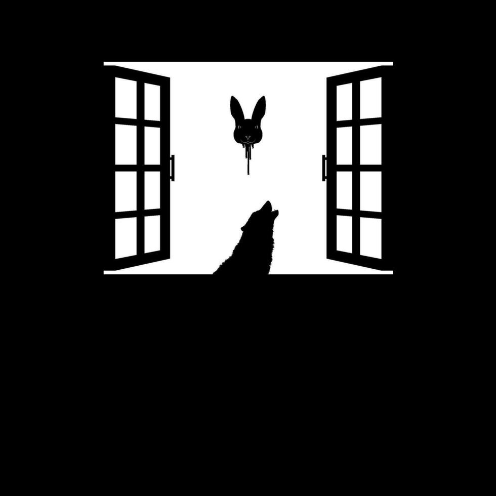 Wolf and Flying Bloody Rabbit Head on the Window Silhouette, Dramatic, Creepy, Horror, Scary, Mystery, or Spooky Illustration. Art Illustration for Horror Movie Film or Halloween Poster Element. vector