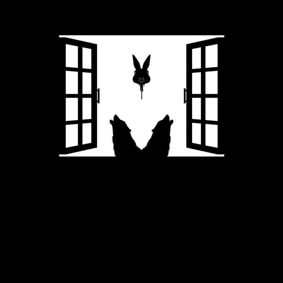 Wolf and Flying Bloody Rabbit Head on the Window Silhouette, Dramatic, Creepy, Horror, Scary, Mystery, or Spooky Illustration. Art Illustration for Horror Movie Film or Halloween Poster Element. vector