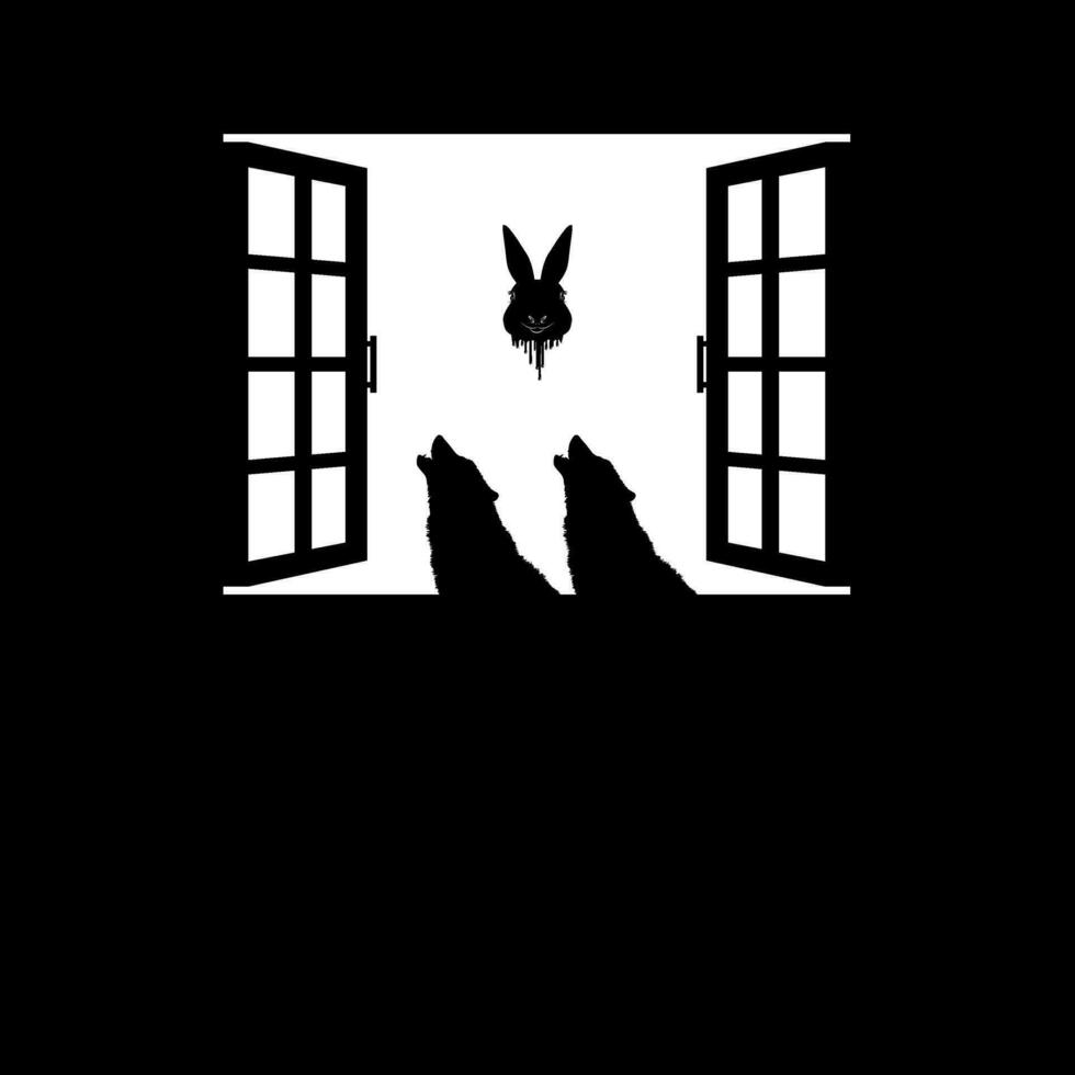 Wolf and Flying Bloody Rabbit Head on the Window Silhouette, Dramatic, Creepy, Horror, Scary, Mystery, or Spooky Illustration. Art Illustration for Horror Movie Film or Halloween Poster Element. vector