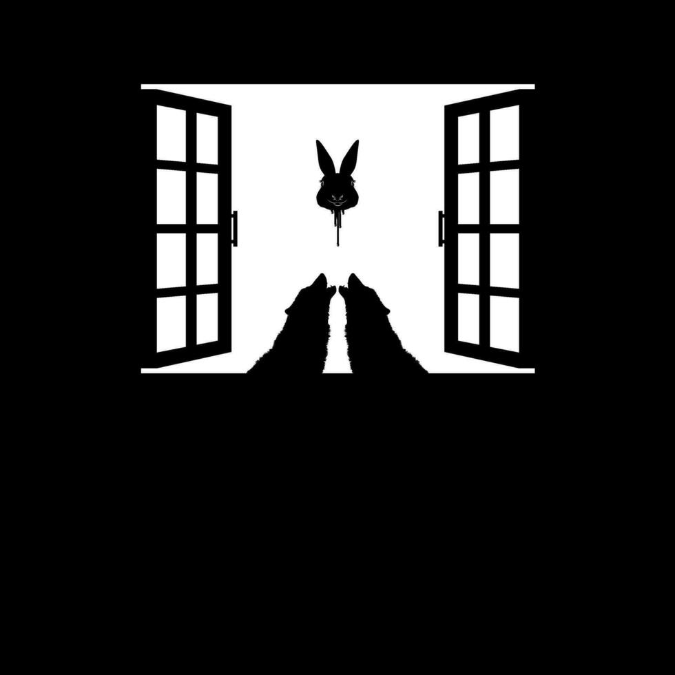 Wolf and Flying Bloody Rabbit Head on the Window Silhouette, Dramatic, Creepy, Horror, Scary, Mystery, or Spooky Illustration. Art Illustration for Horror Movie Film or Halloween Poster Element. vector