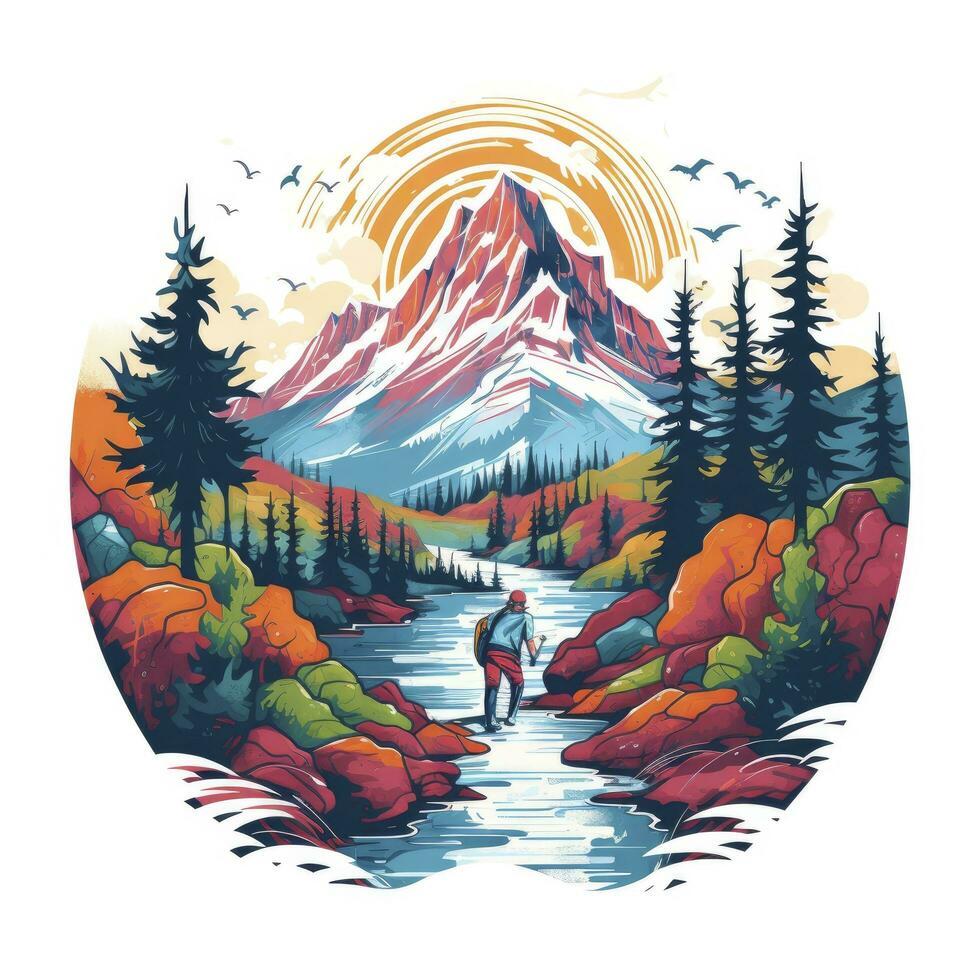 AI generated Vibrant colors wilderness hiking scene for t-shirt. AI Generated photo
