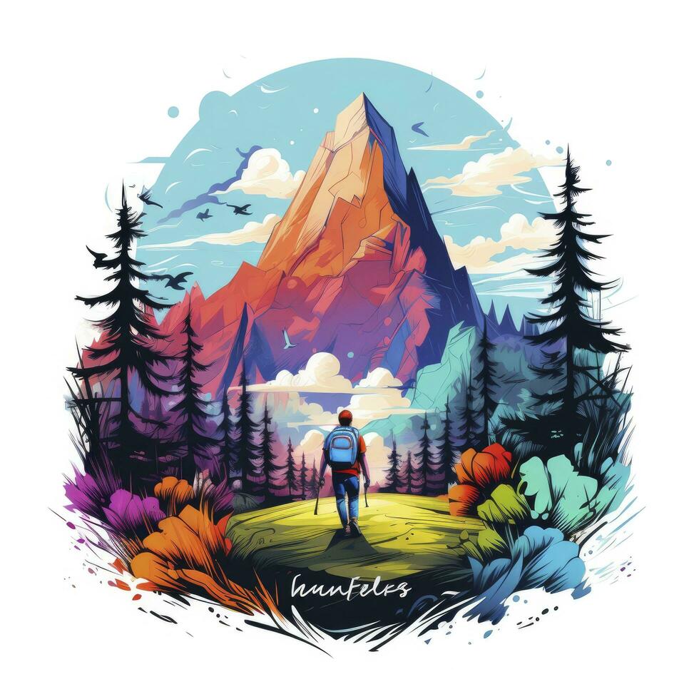 AI generated Vibrant colors wilderness hiking scene for t-shirt. AI Generated photo