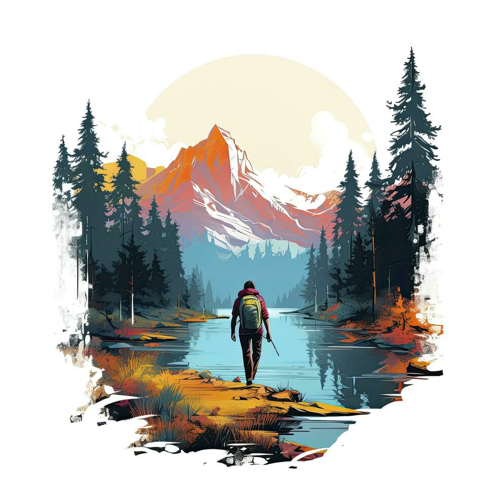 AI generated Vibrant colors wilderness hiking scene for t-shirt. AI Generated photo