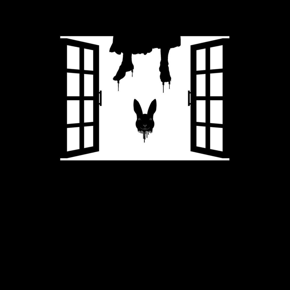 Hanging Bloody Woman Legs and Flying Bloody Rabbit Head on the Window Silhouette, Dramatic, Creepy, Horror, Scary, Mystery, or Spooky Illustration. Art Illustration for Horror Movie Film or Halloween vector