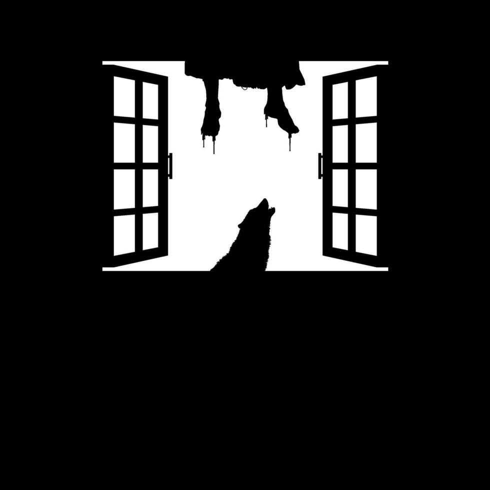 Hanging Bloody Woman Legs and Flying Bloody Rabbit Head on the Window Silhouette, Dramatic, Creepy, Horror, Scary, Mystery, or Spooky Illustration. Art Illustration for Horror Movie Film or Halloween vector