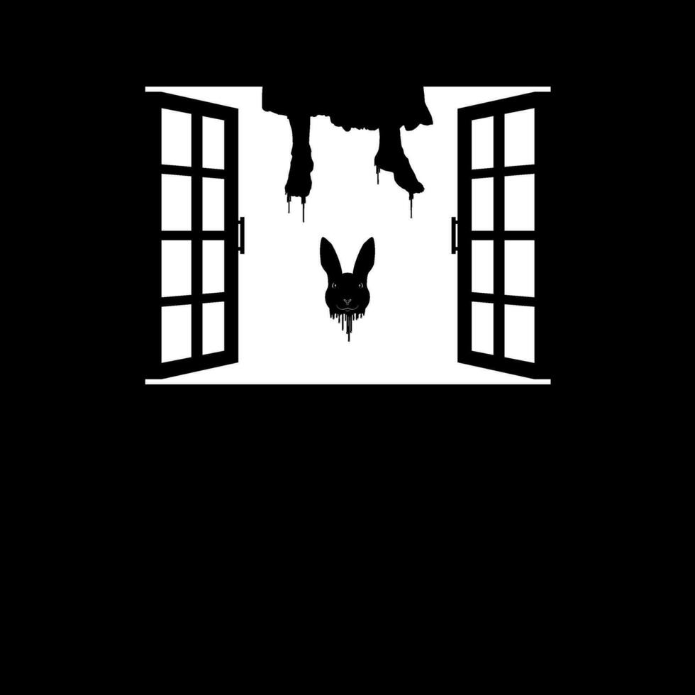 Hanging Bloody Woman Legs and Flying Bloody Rabbit Head on the Window Silhouette, Dramatic, Creepy, Horror, Scary, Mystery, or Spooky Illustration. Art Illustration for Horror Movie Film or Halloween vector