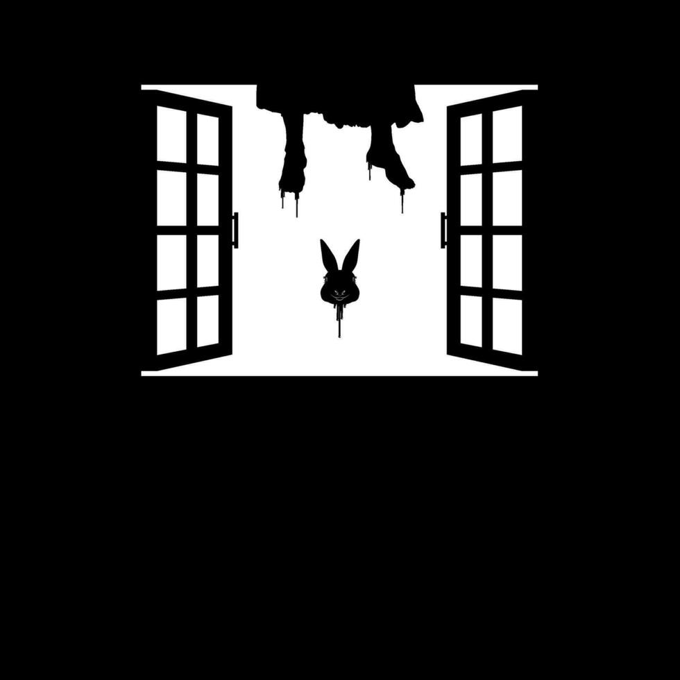 Hanging Bloody Woman Legs and Flying Bloody Rabbit Head on the Window Silhouette, Dramatic, Creepy, Horror, Scary, Mystery, or Spooky Illustration. Art Illustration for Horror Movie Film or Halloween vector