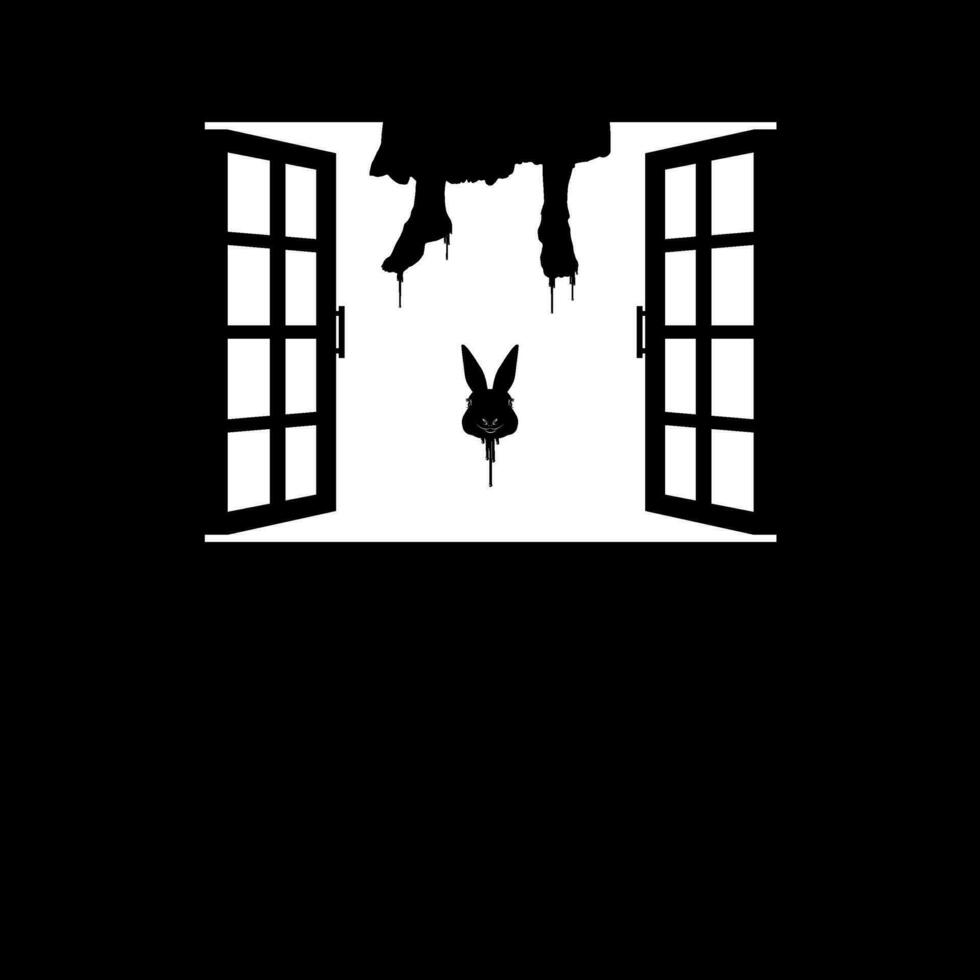 Hanging Bloody Woman Legs and Flying Bloody Rabbit Head on the Window Silhouette, Dramatic, Creepy, Horror, Scary, Mystery, or Spooky Illustration. Art Illustration for Horror Movie Film or Halloween vector