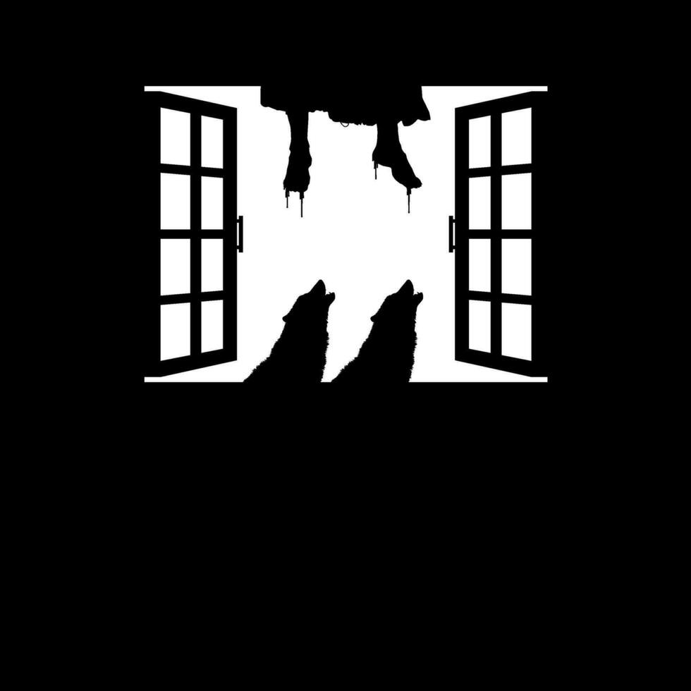 Hanging Bloody Woman Legs and Flying Bloody Rabbit Head on the Window Silhouette, Dramatic, Creepy, Horror, Scary, Mystery, or Spooky Illustration. Art Illustration for Horror Movie Film or Halloween vector