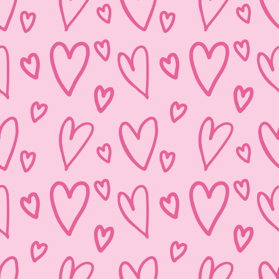 Heart hand drawn seamless pattern on pink background for wrapping, valentine vector