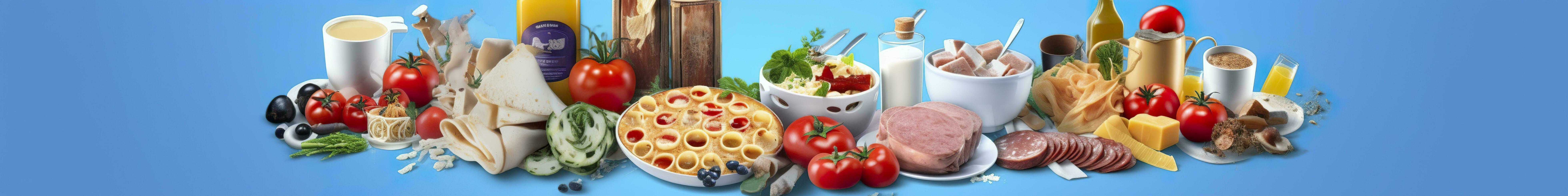 AI generated Web page banner of famous Italian food recipes on clean blue background. AI Generated photo