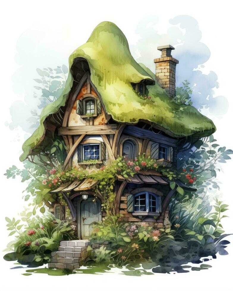 AI generated Watercolor mossy cottage isolated on white background. AI Generated photo