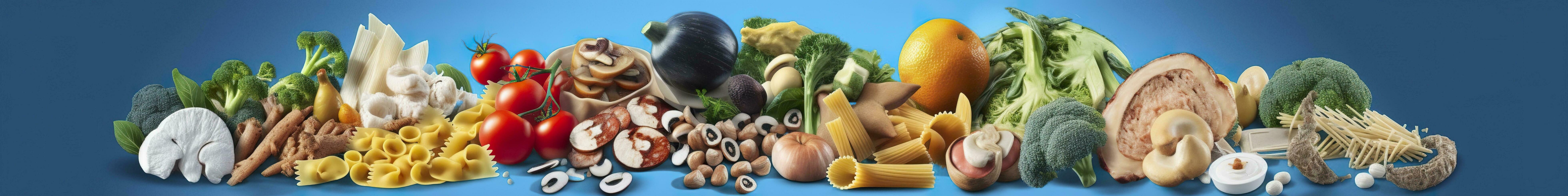 AI generated Web page banner of famous Italian food recipes on clean blue background. AI Generated photo