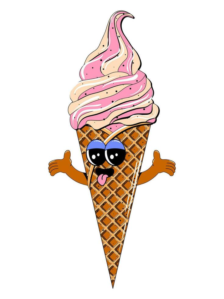 Cute ice cream character in retro cartoon style. Vector colorful illustration of ice cream mascot for cafe, restaurant, menu.