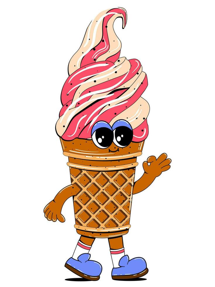 Cute ice cream character in retro cartoon style. Vector colorful illustration of ice cream mascot for cafe, restaurant, menu.