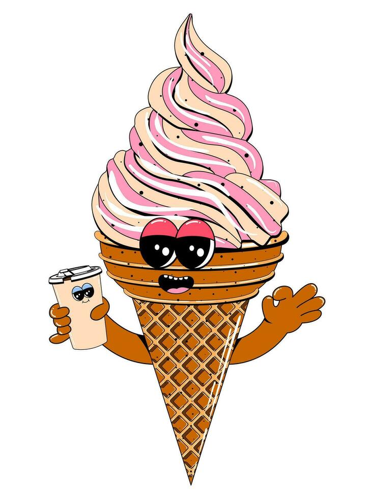 Cute ice cream character in retro cartoon style. Vector colorful illustration of ice cream mascot for cafe, restaurant, menu.