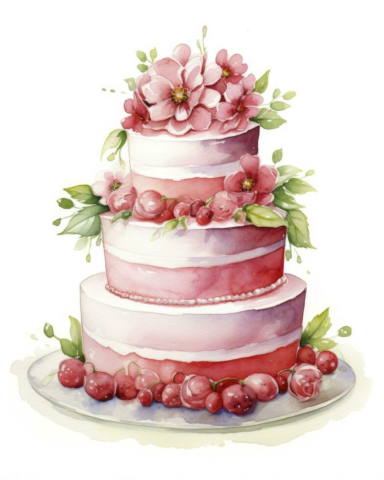 AI generated Watercolor wedding cake isolated on white background.  AI Generated photo