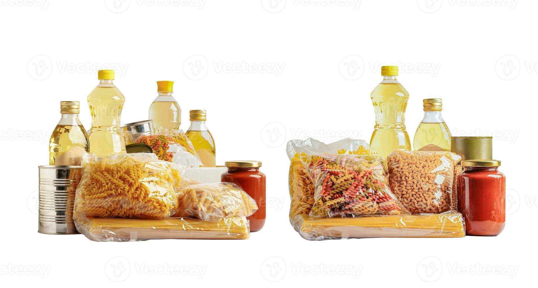 Foodstuffs in donation box isolated on white background for volunteer to help people. photo