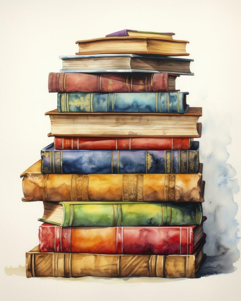 AI generated Watercolor pile of books isolated on white background. AI Generated photo