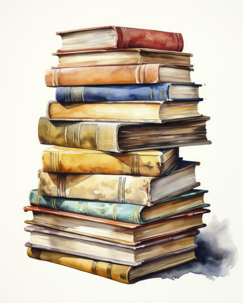 AI generated Watercolor pile of books isolated on white background. AI Generated photo