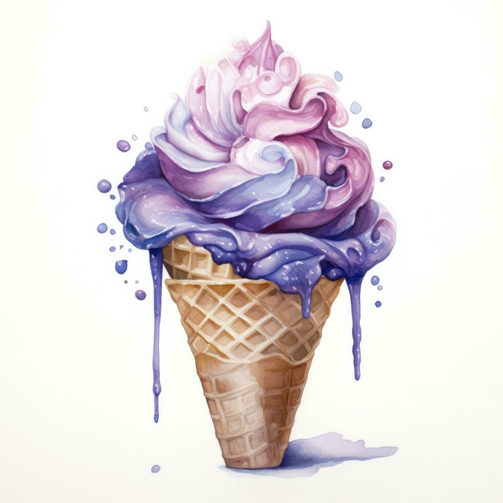 AI generated Watercolor ice cream in a waffle cone. AI Generated photo