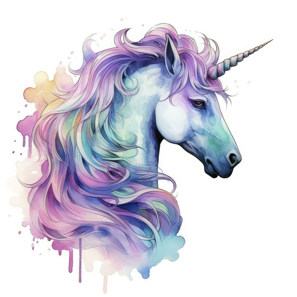 AI generated Watercolor fantasy unicorn clip art. AI Generated photo