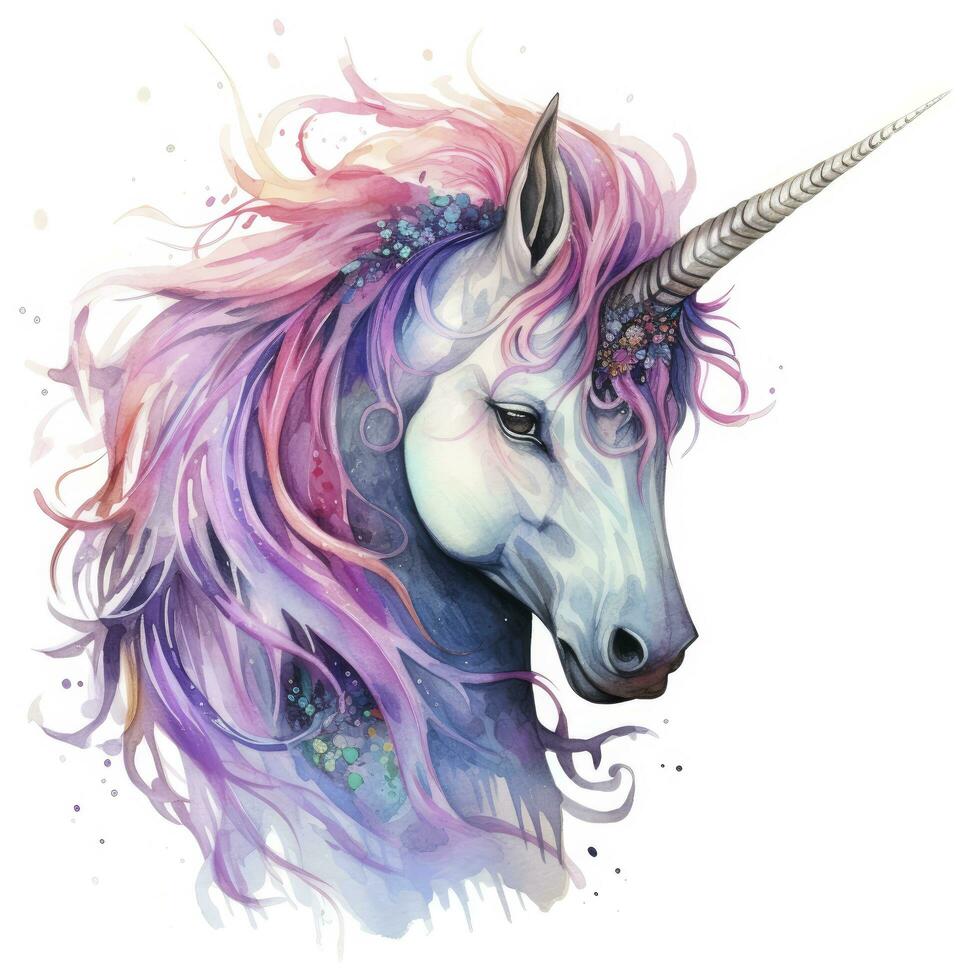 AI generated Watercolor fantasy unicorn clip art. AI Generated photo
