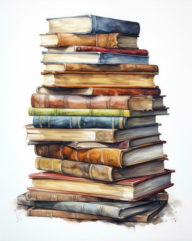 AI generated Watercolor pile of books isolated on white background. AI Generated photo