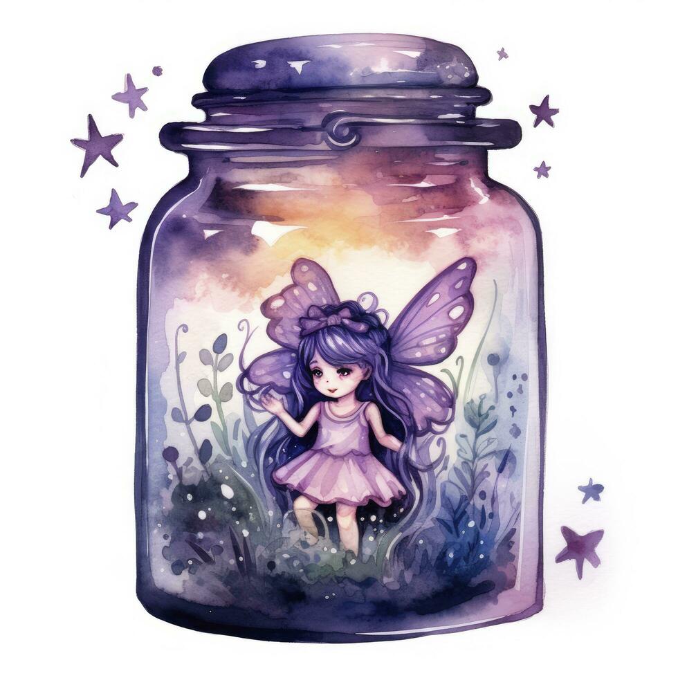 AI generated Watercolor Fantasy Pastel Goth Tiny Fairy in a Jar. AI Generated photo